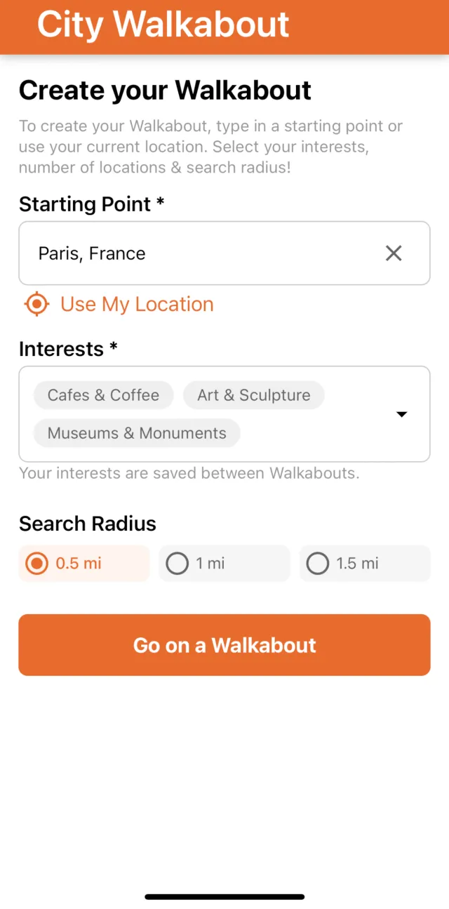 The Create your Walkabout screen with Paris as the starting point and three interests selected